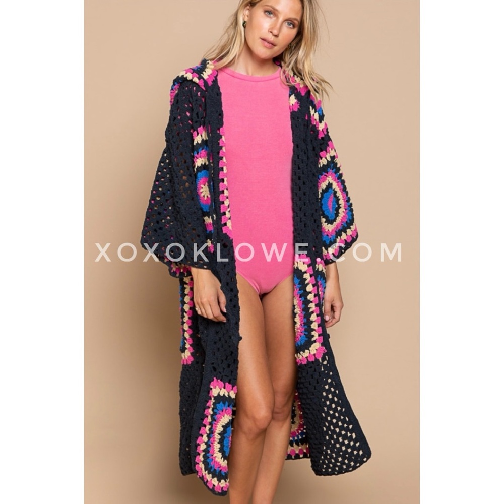 POL Black & Pink Crochet Granny Square Chenille Long Cardigan Relaxed Fit - Picture 6 of 16